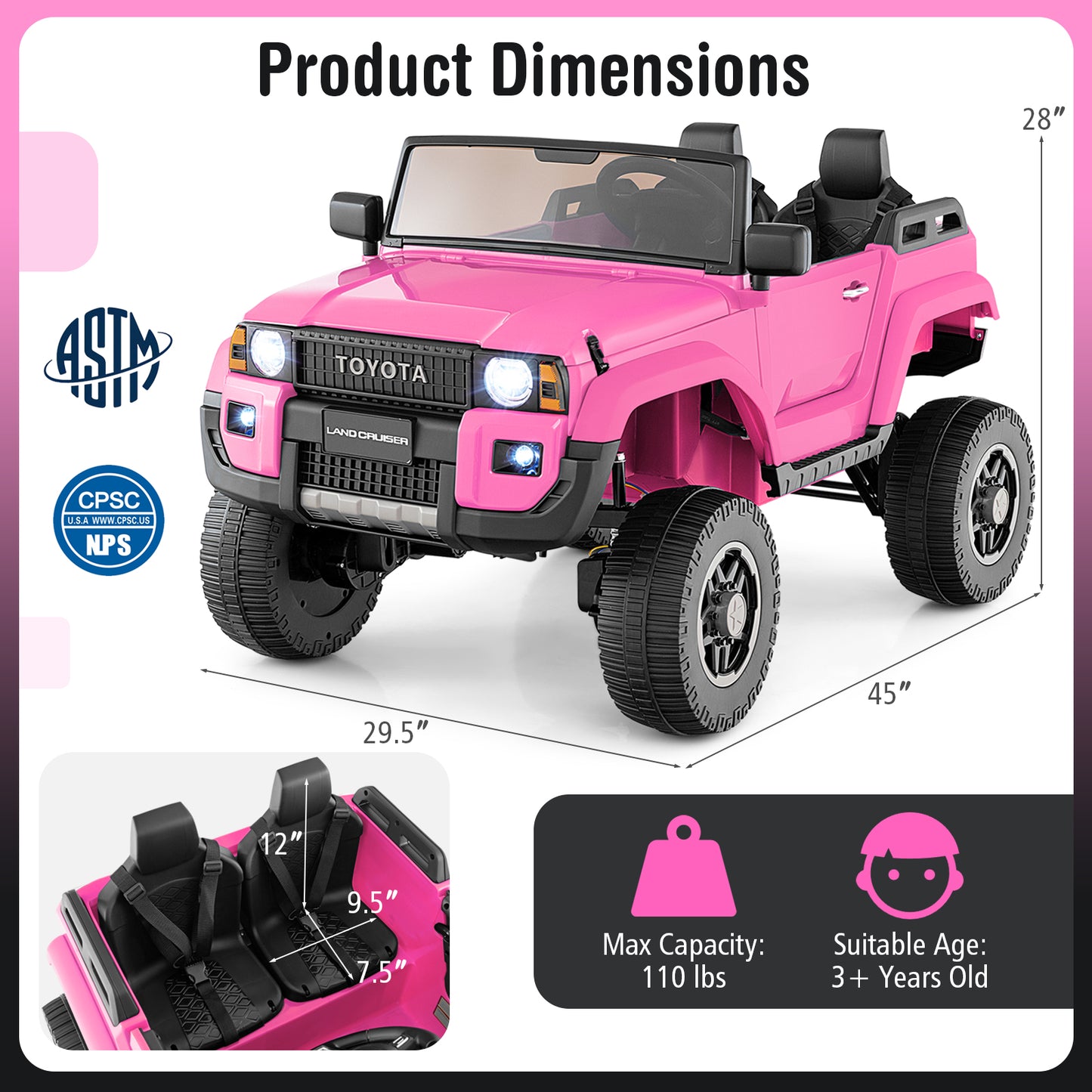 24V 2 Seater Ride on Car 4WD/2WD Switchable for Kids with Remote for Ages 3+-Pink