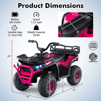 24V Kids Ride on Electric ATV Quad Car with Realistic Sounds and LED Lights-Pink