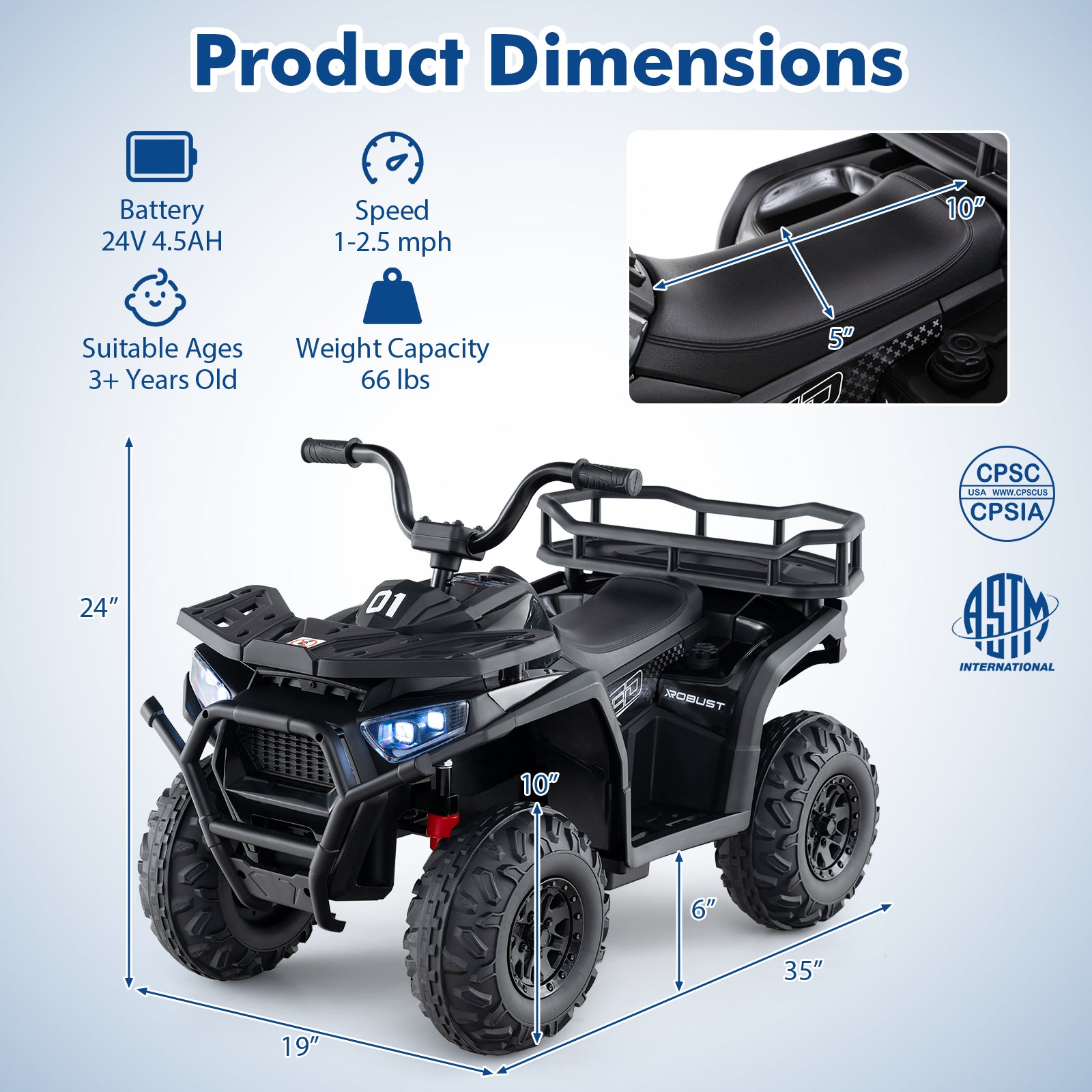 24V Kids Ride on Electric ATV Quad Car with Realistic Sounds and LED Lights-Black