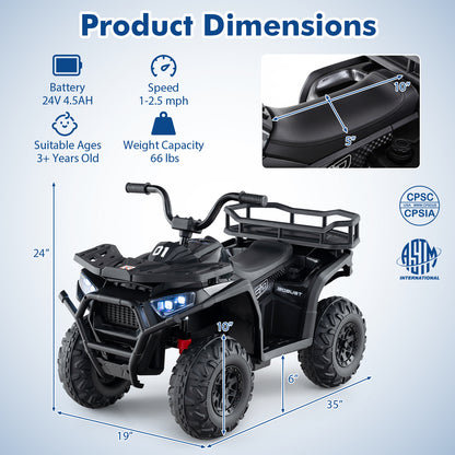 24V Kids Ride on Electric ATV Quad Car with Realistic Sounds and LED Lights-Black