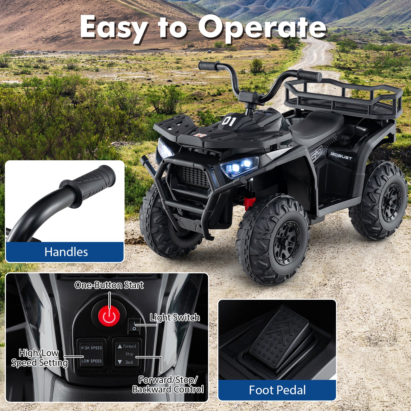 24V Kids Ride on Electric ATV Quad Car with Realistic Sounds and LED Lights-Black