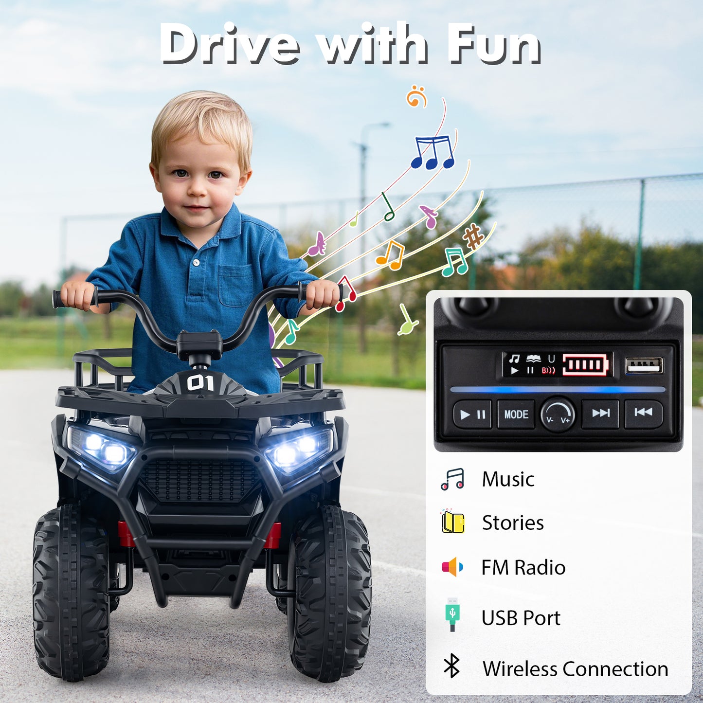 24V Kids Ride on Electric ATV Quad Car with Realistic Sounds and LED Lights-Black