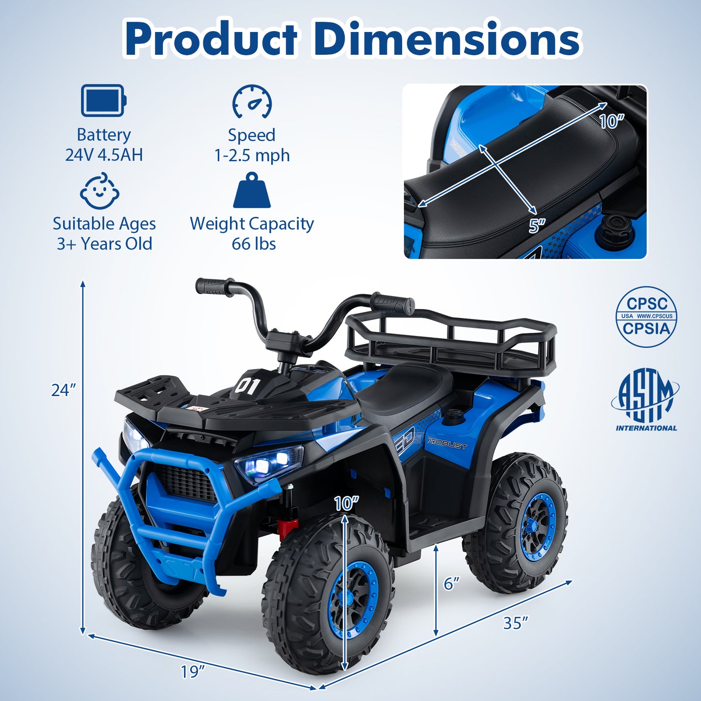 24V Kids Ride on Electric ATV Quad Car with Realistic Sounds and LED Lights-Navy