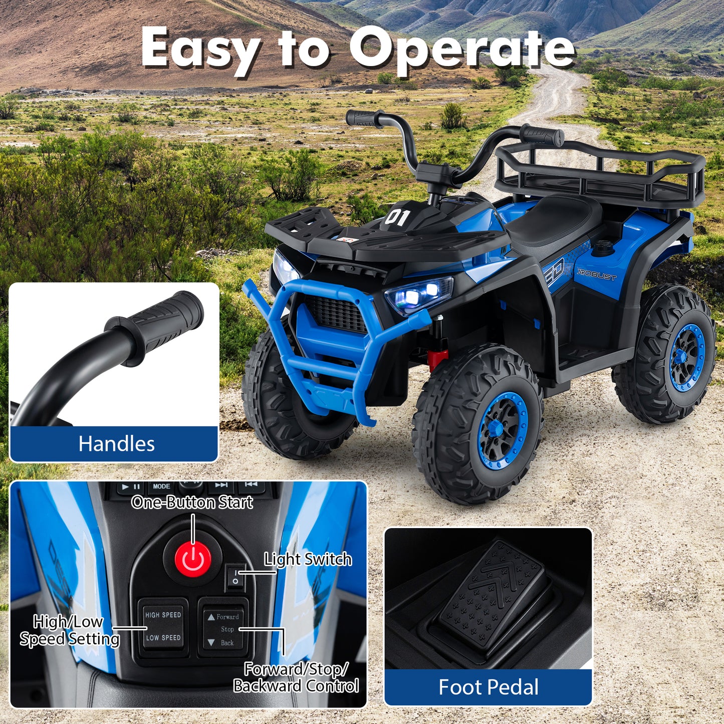 24V Kids Ride on Electric ATV Quad Car with Realistic Sounds and LED Lights-Navy