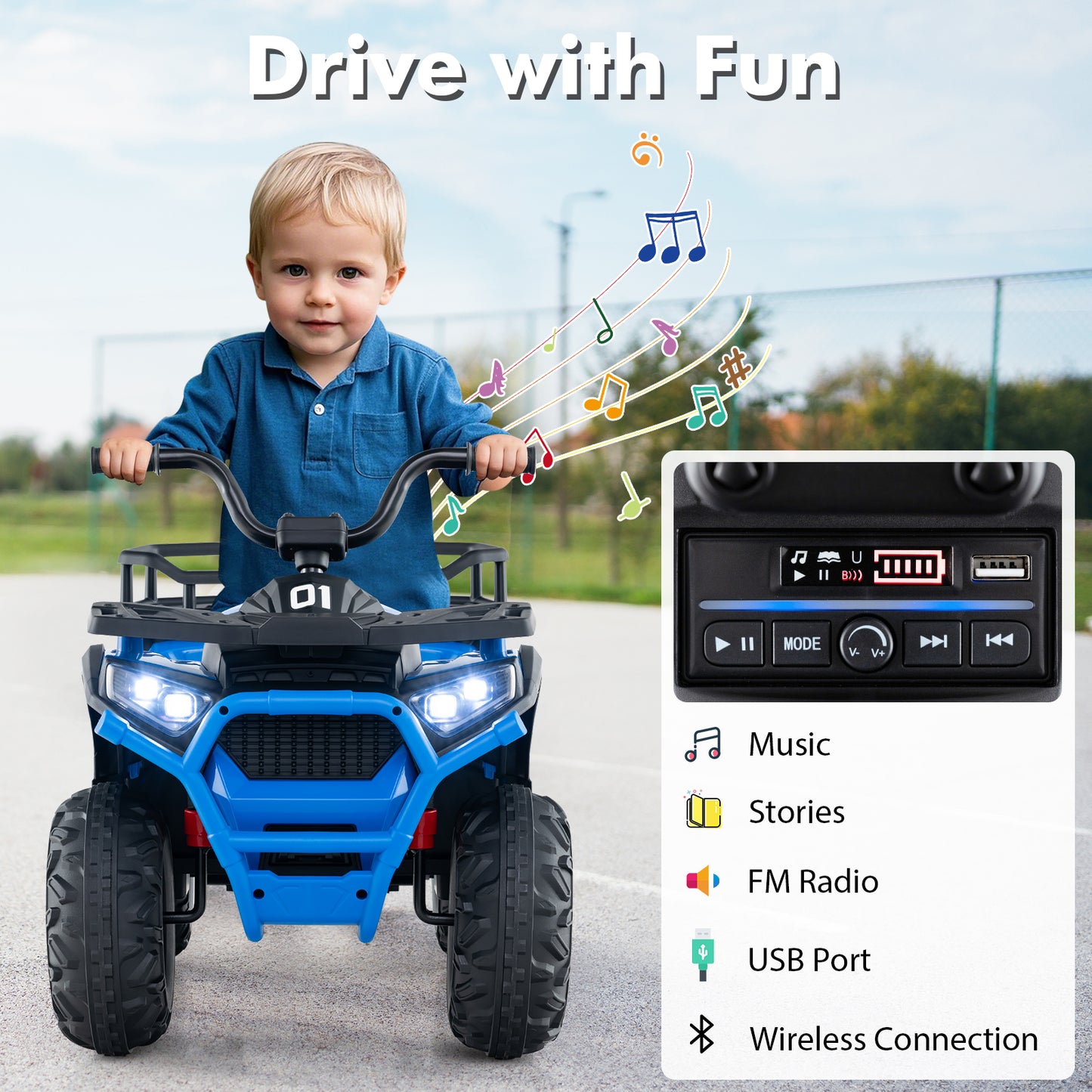 24V Kids Ride on Electric ATV Quad Car with Realistic Sounds and LED Lights-Navy