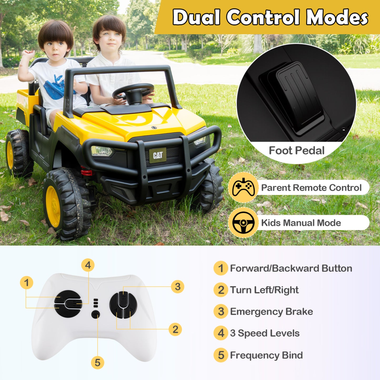 24V Ride-On Dump Truck 2-Seater with Remote Control - Yellow