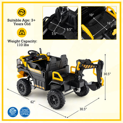 24V Ride On Excavator 4WD 2-Seater with Remote Control and Digging Arm-Yellow