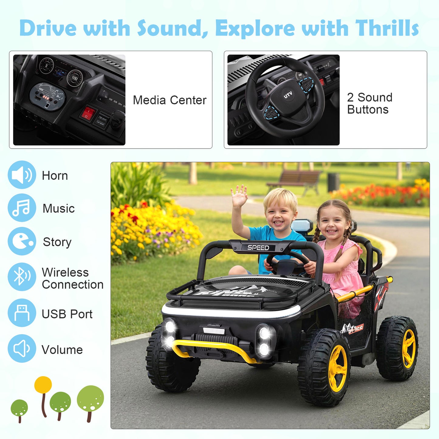 24V Ride on Toy for Kids 2 Seater Ride on Truck Car with Horn Music Story-Black