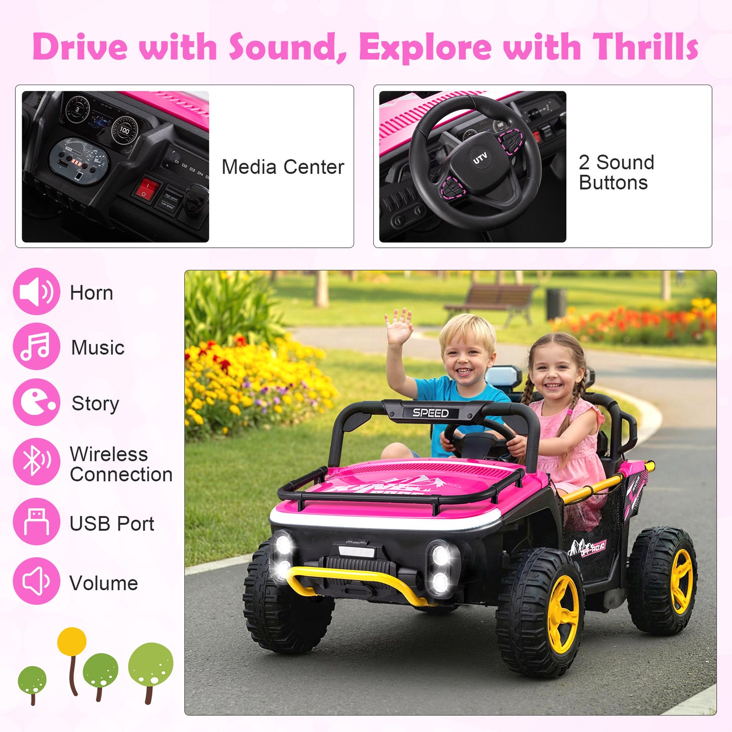 24V Ride on Toy for Kids 2 Seater Ride on Truck Car with Horn Music Story-Pink