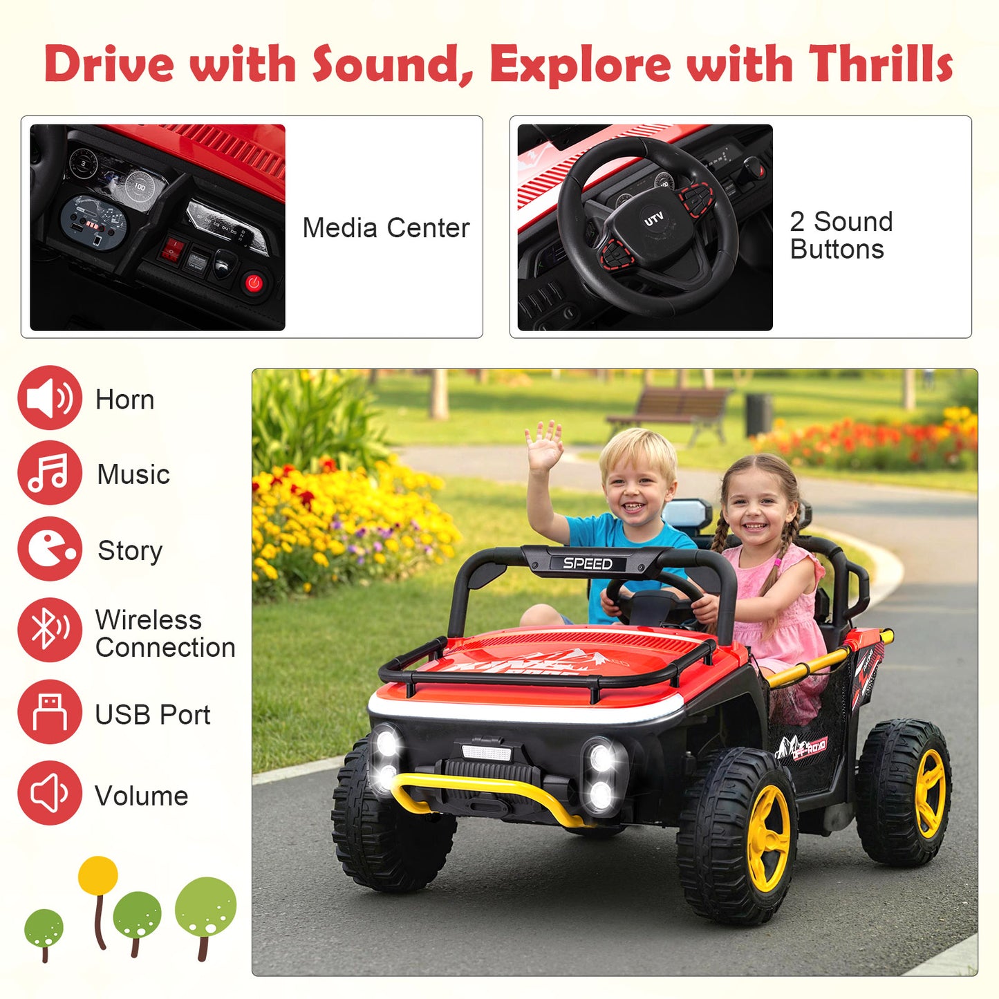 24V Ride on Toy for Kids 2 Seater Ride on Truck Car with Horn Music Story-Red
