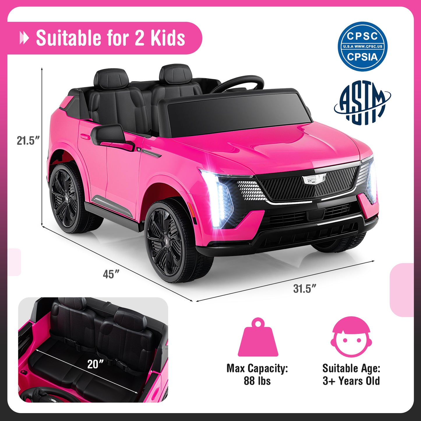 24V Ride on Truck 2-Seater Licensed Cadillac with Remote Control-Pink