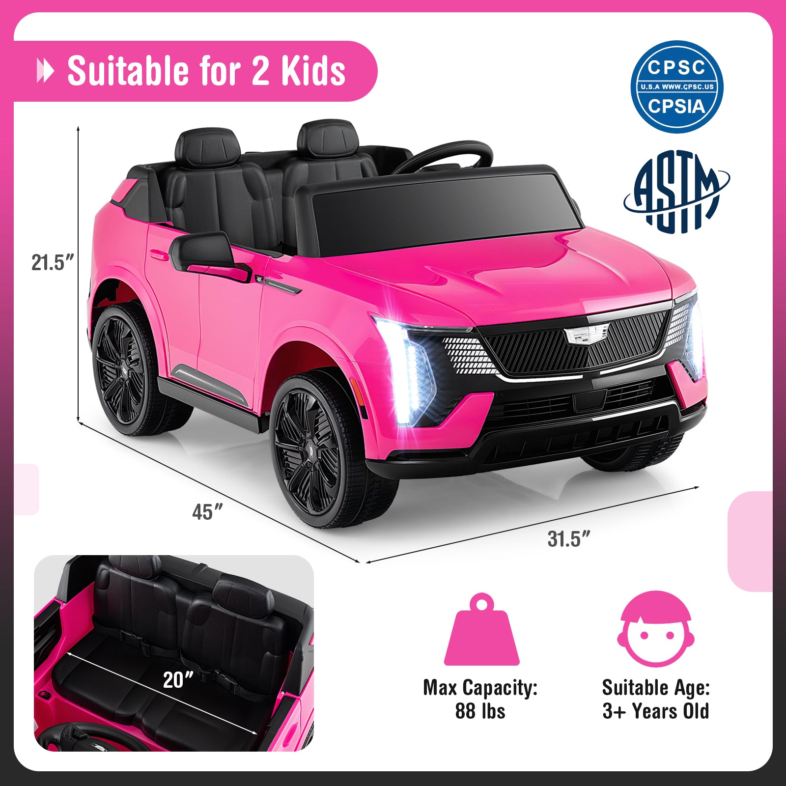 24V Ride on Truck 2-Seater Licensed Cadillac with Remote Control-Pink