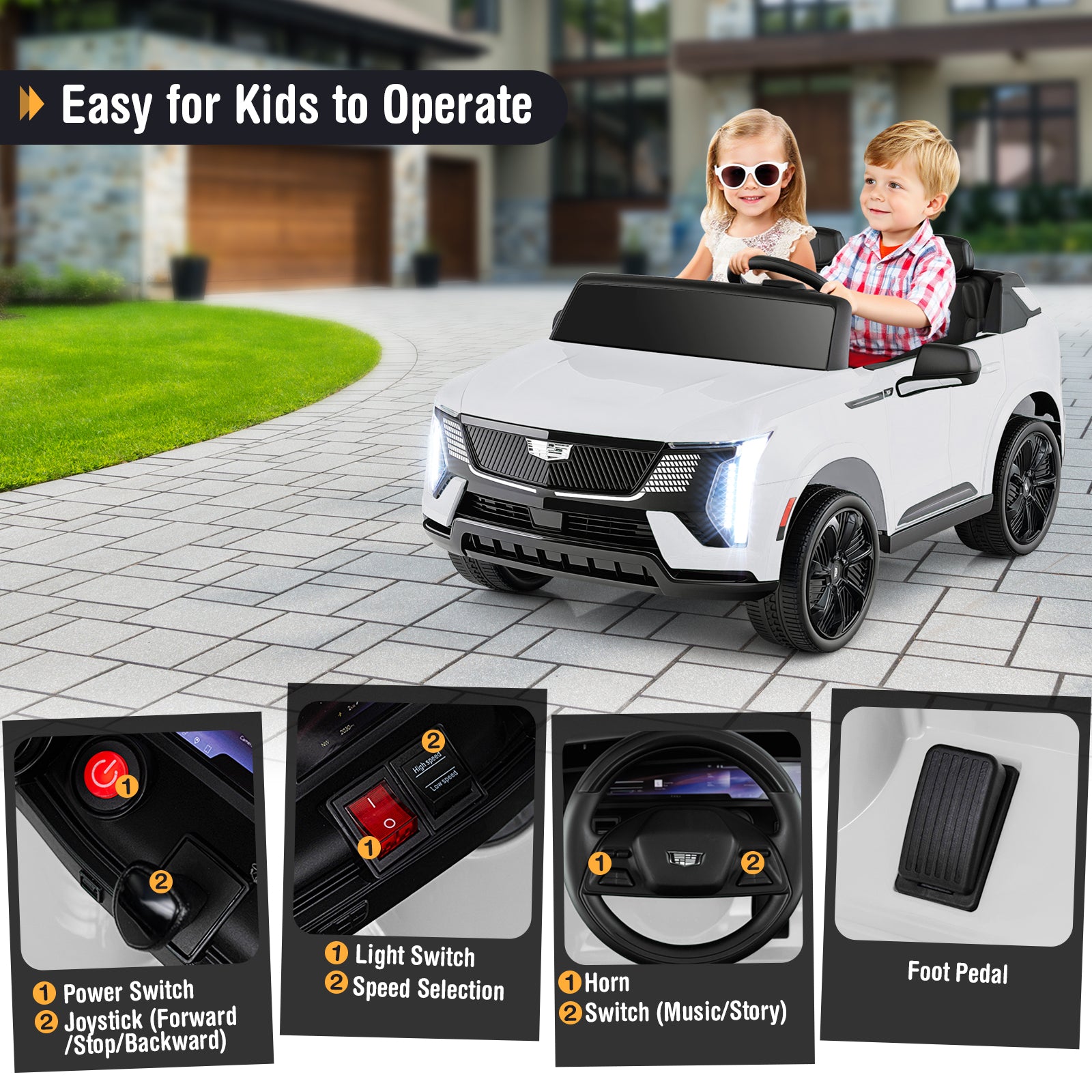 24V Ride on Truck 2-Seater Licensed Cadillac with Remote Control-White