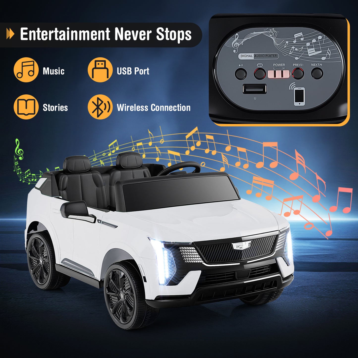 24V Ride on Truck 2-Seater Licensed Cadillac with Remote Control-White