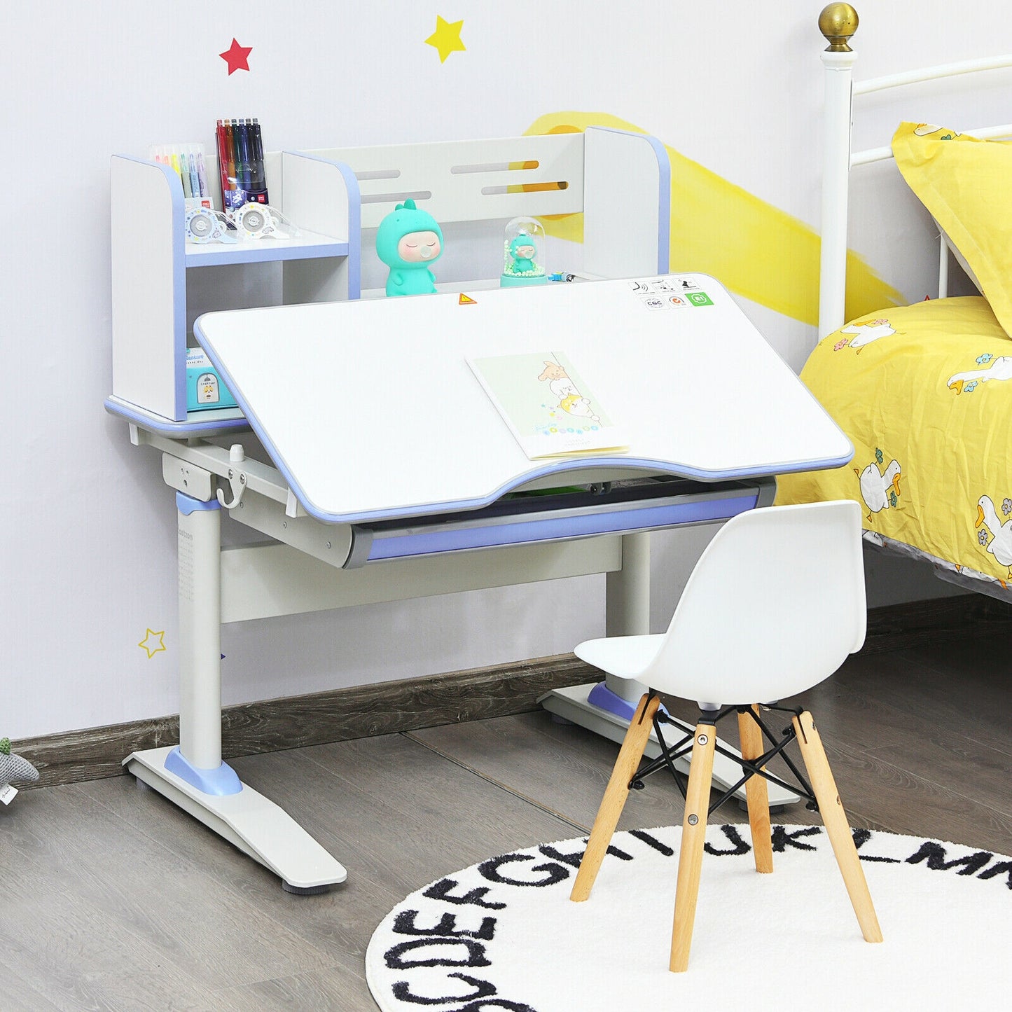 Kids Multifunctional Writing Desk with Tilt Desktop and Book Shelf-Blue