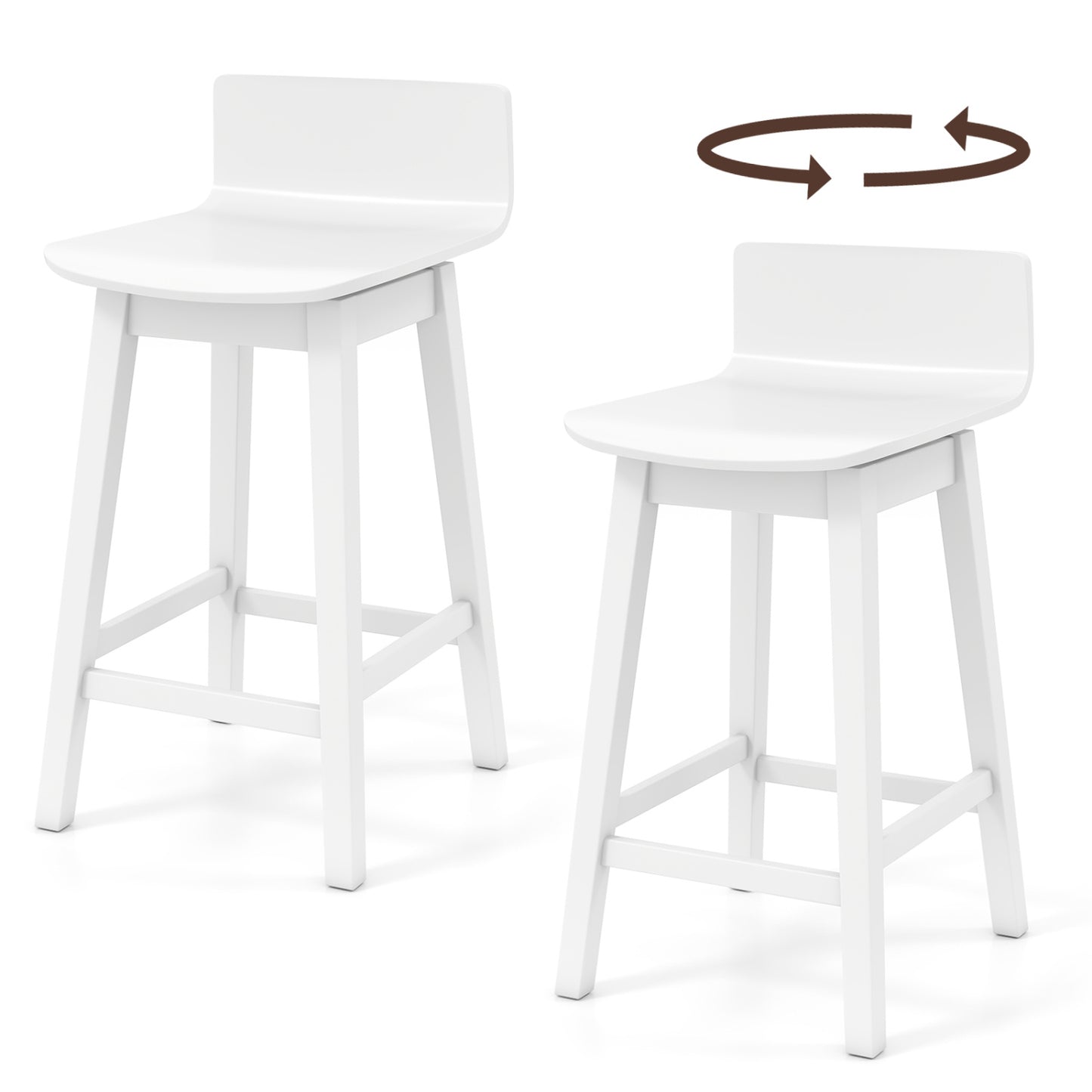 24.5 Inch Swivel Wooden Bar Stools Set of 2 with Rubber Wood Legs and Low Back-White