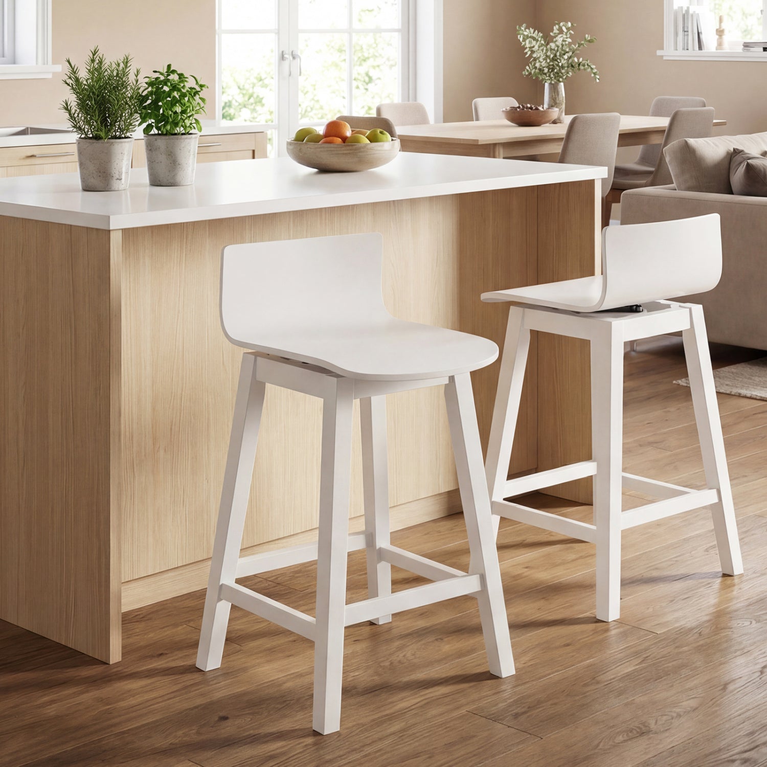 24.5 Inch Swivel Wooden Bar Stools Set of 2 with Rubber Wood Legs and Low Back-White