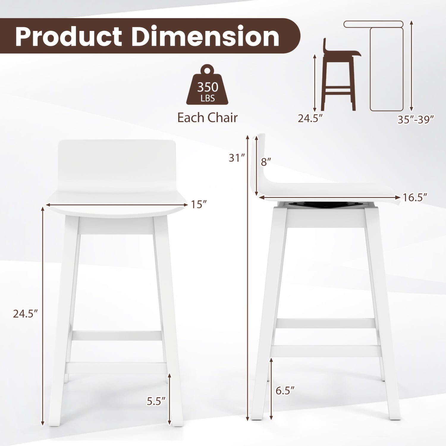 24.5 Inch Swivel Wooden Bar Stools Set of 2 with Rubber Wood Legs and Low Back-White