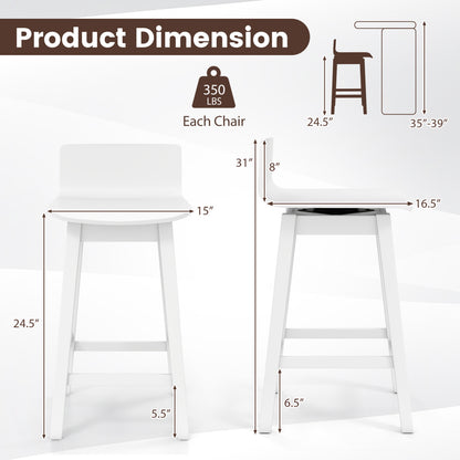 24.5 Inch Swivel Wooden Bar Stools Set of 2 with Rubber Wood Legs and Low Back-White