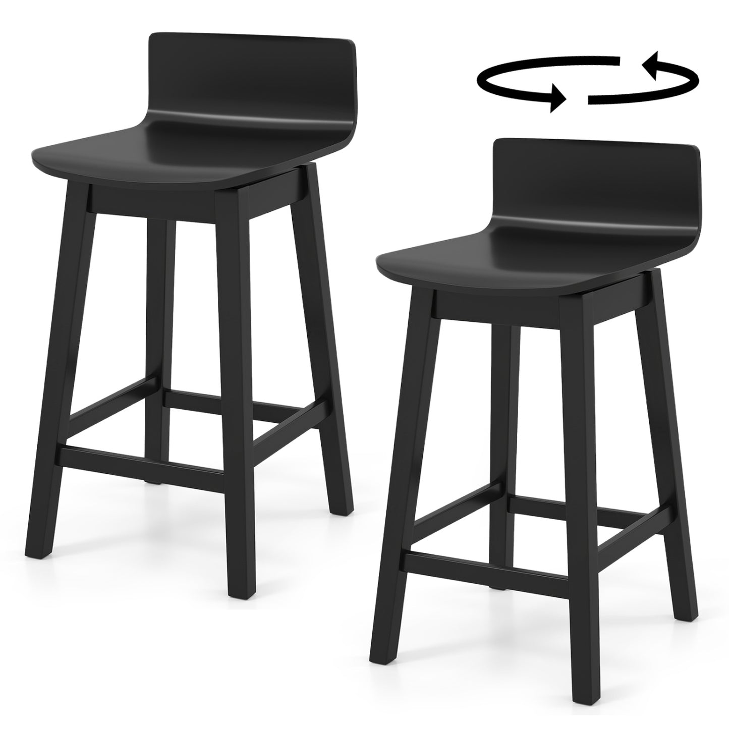 24.5 Inch Swivel Wooden Bar Stools Set of 2 with Rubber Wood Legs and Low Back-Black