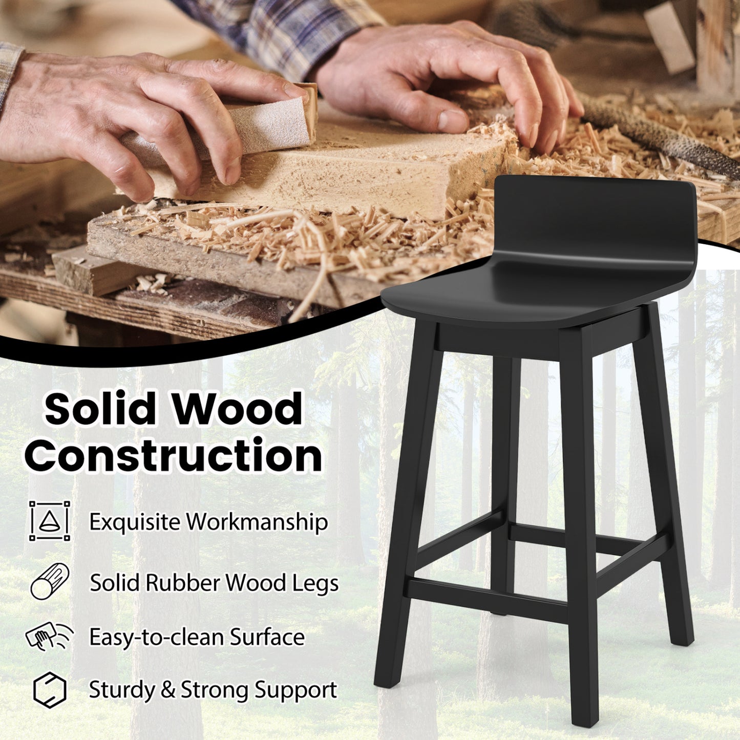 24.5 Inch Swivel Wooden Bar Stools Set of 2 with Rubber Wood Legs and Low Back-Black