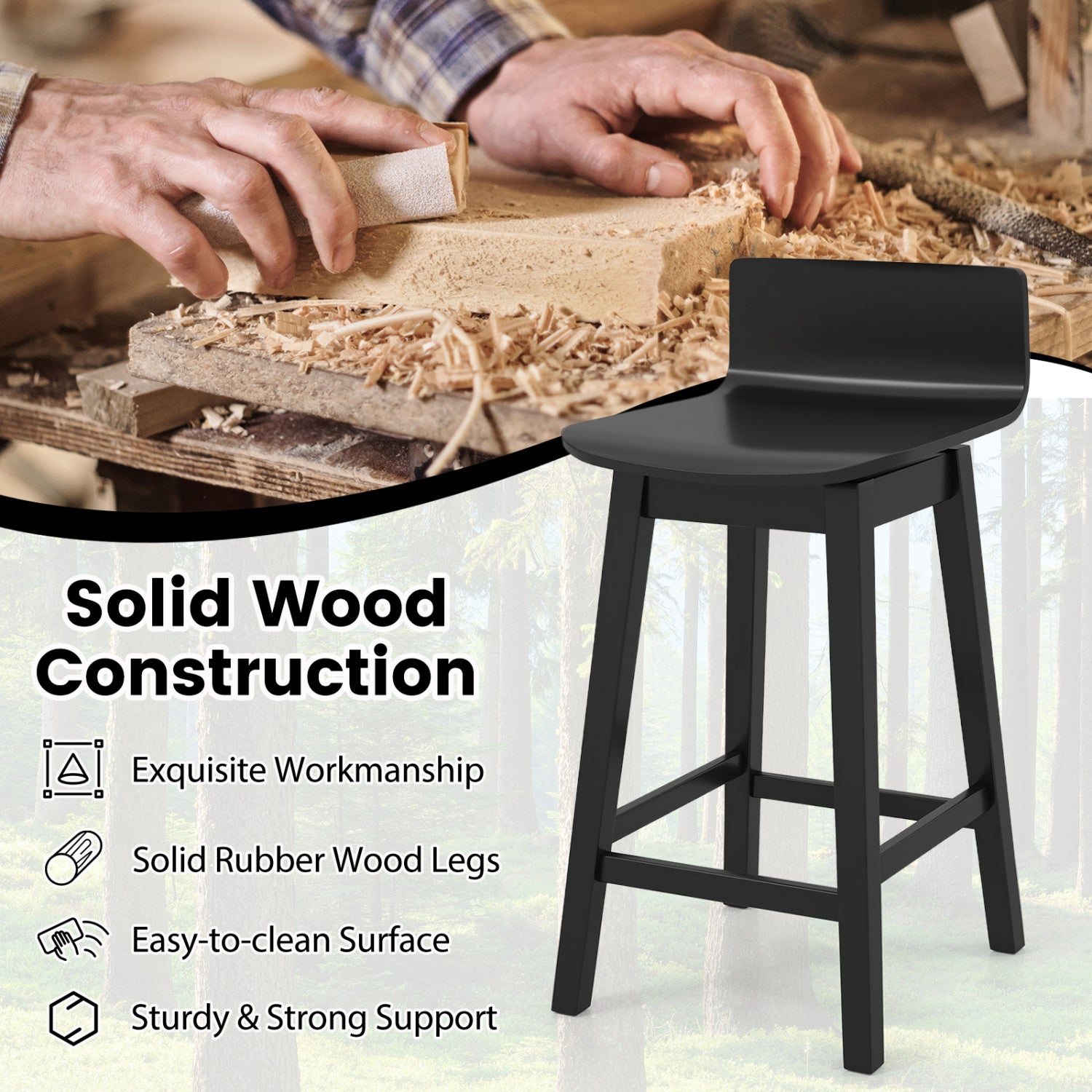 24.5 Inch Swivel Wooden Bar Stools Set of 2 with Rubber Wood Legs and Low Back-Black