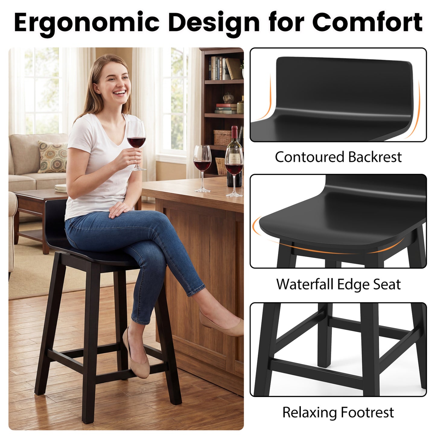 24.5 Inch Swivel Wooden Bar Stools Set of 2 with Rubber Wood Legs and Low Back-Black