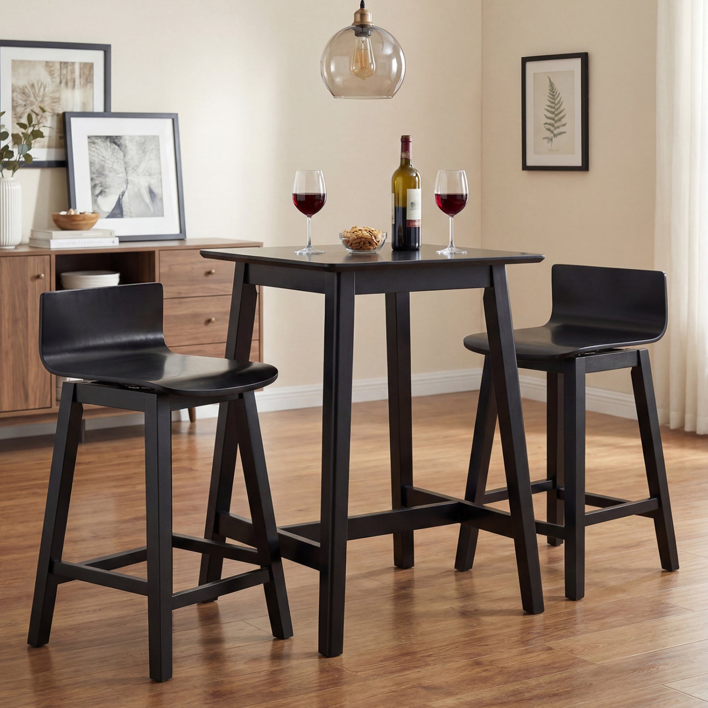 24.5 Inch Swivel Wooden Bar Stools Set of 2 with Rubber Wood Legs and Low Back-Black