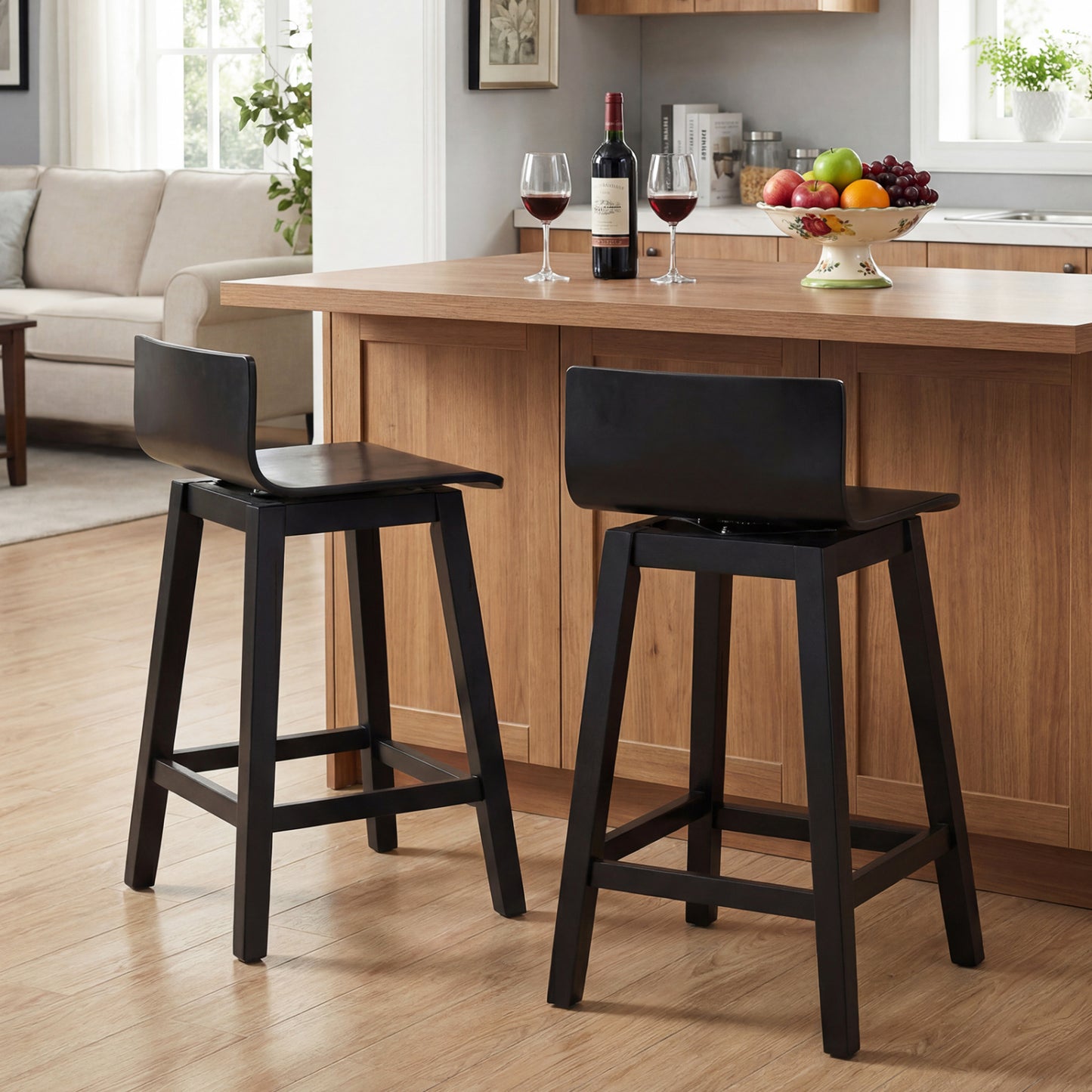 24.5 Inch Swivel Wooden Bar Stools Set of 2 with Rubber Wood Legs and Low Back-Black