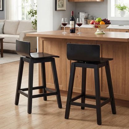 24.5 Inch Swivel Wooden Bar Stools Set of 2 with Rubber Wood Legs and Low Back-Black
