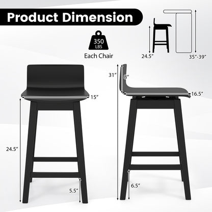 24.5 Inch Swivel Wooden Bar Stools Set of 2 with Rubber Wood Legs and Low Back-Black