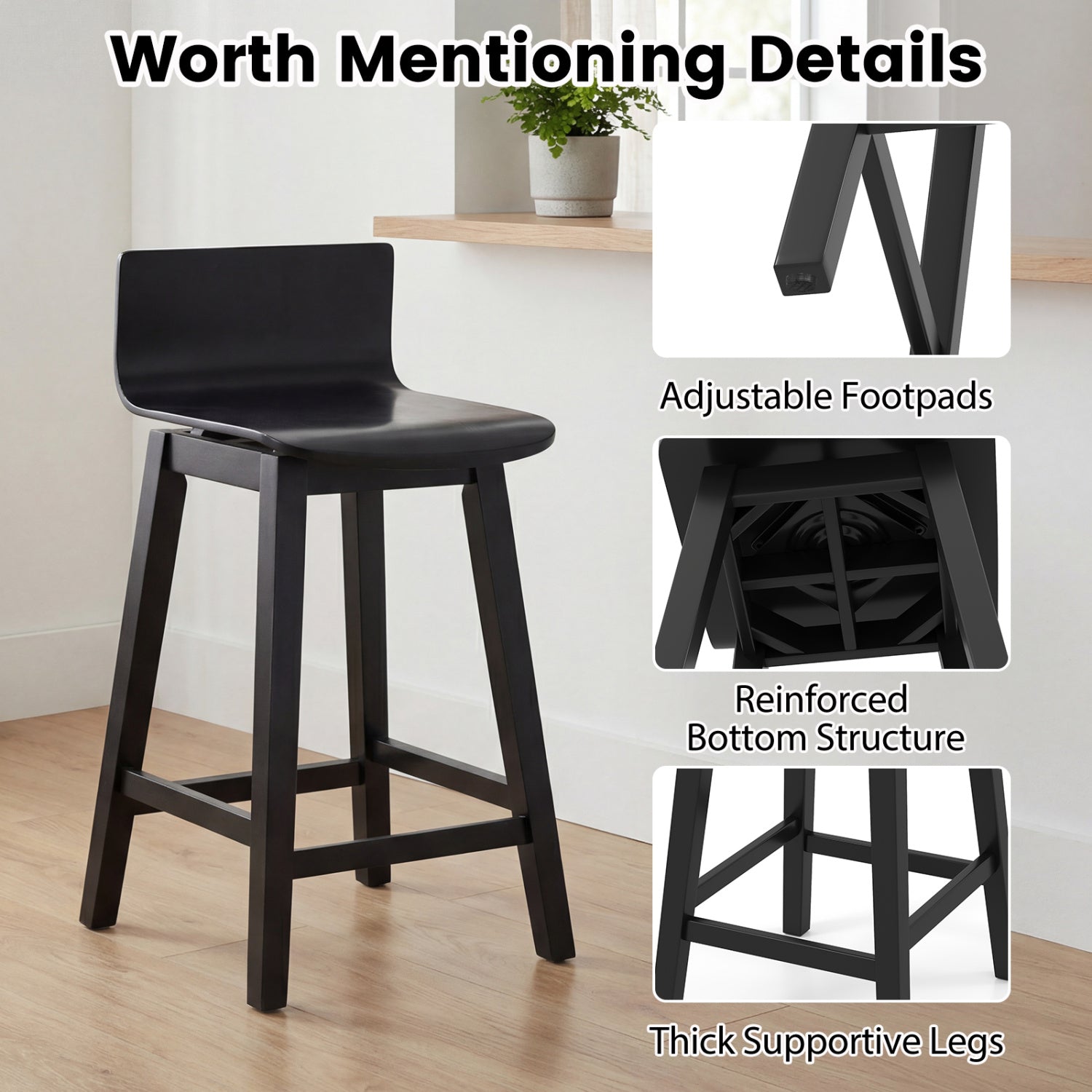 24.5 Inch Swivel Wooden Bar Stools Set of 4 with Rubber Wood Legs and Low Back-Black