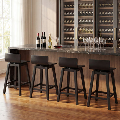 24.5 Inch Swivel Wooden Bar Stools Set of 4 with Rubber Wood Legs and Low Back-Black