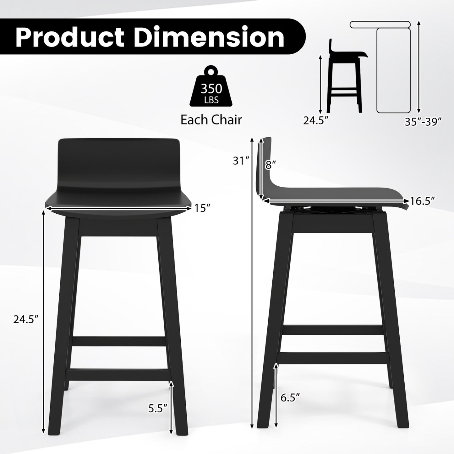 24.5 Inch Swivel Wooden Bar Stools Set of 4 with Rubber Wood Legs and Low Back-Black