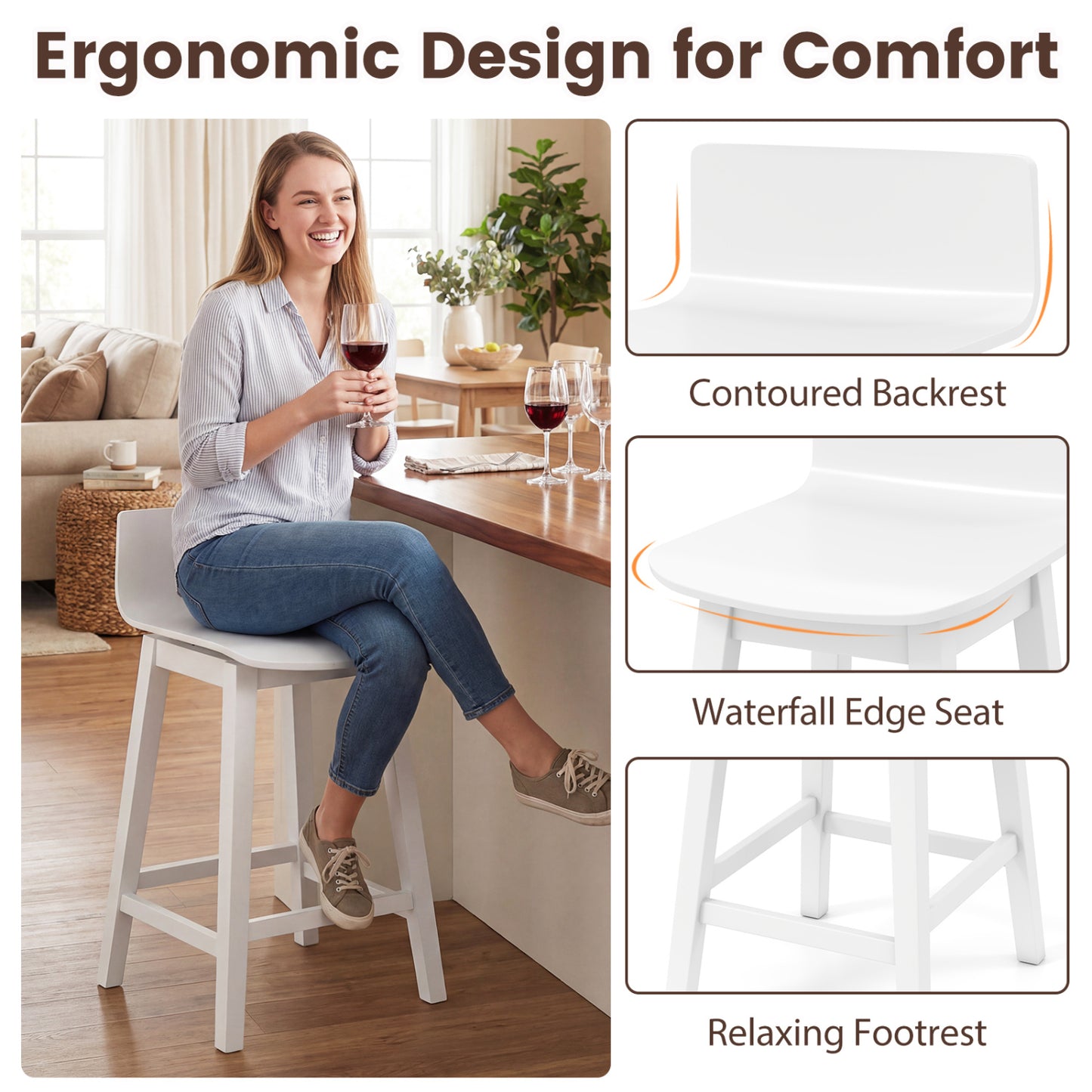 24.5 Inch Swivel Wooden Bar Stools Set of 4 with Rubber Wood Legs and Low Back-White