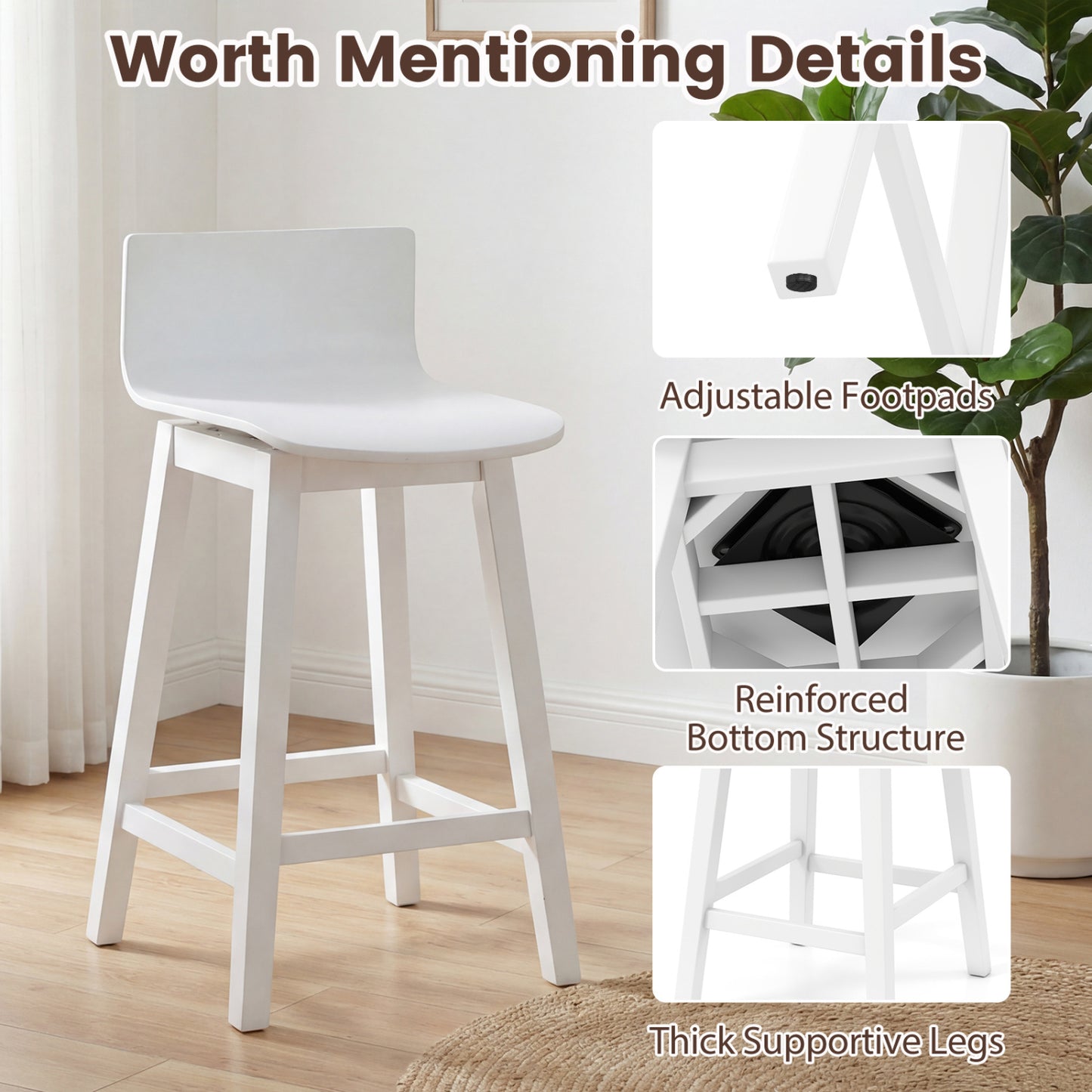 24.5 Inch Swivel Wooden Bar Stools Set of 4 with Rubber Wood Legs and Low Back-White