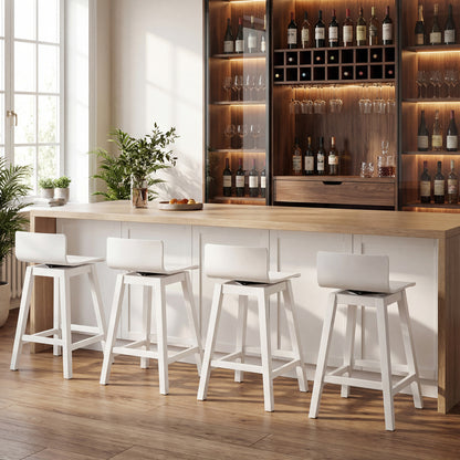 24.5 Inch Swivel Wooden Bar Stools Set of 4 with Rubber Wood Legs and Low Back-White