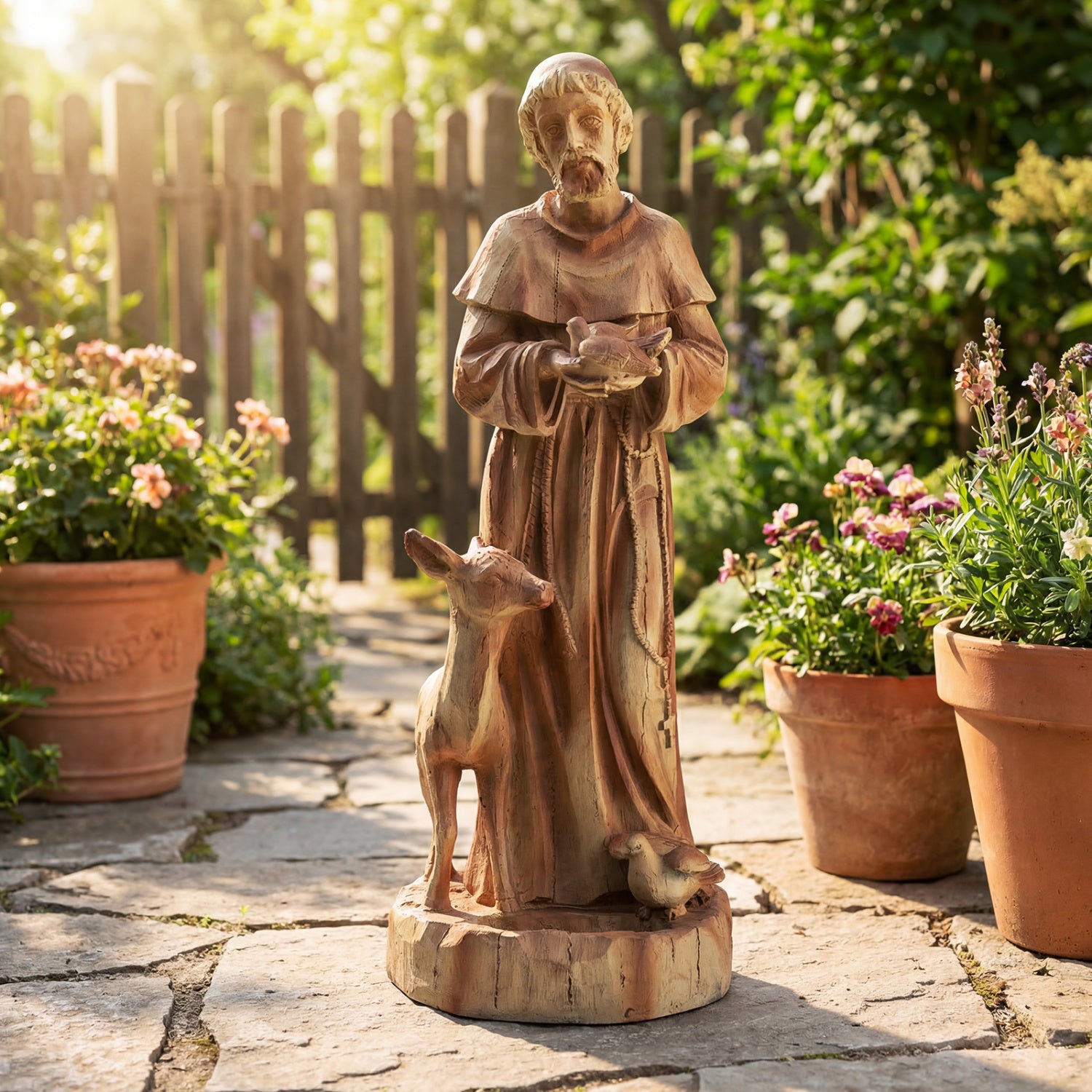 24.5 inch St. Francis Statue with Bird Feeder Saint Francis of Assisi with Animals Sculpture