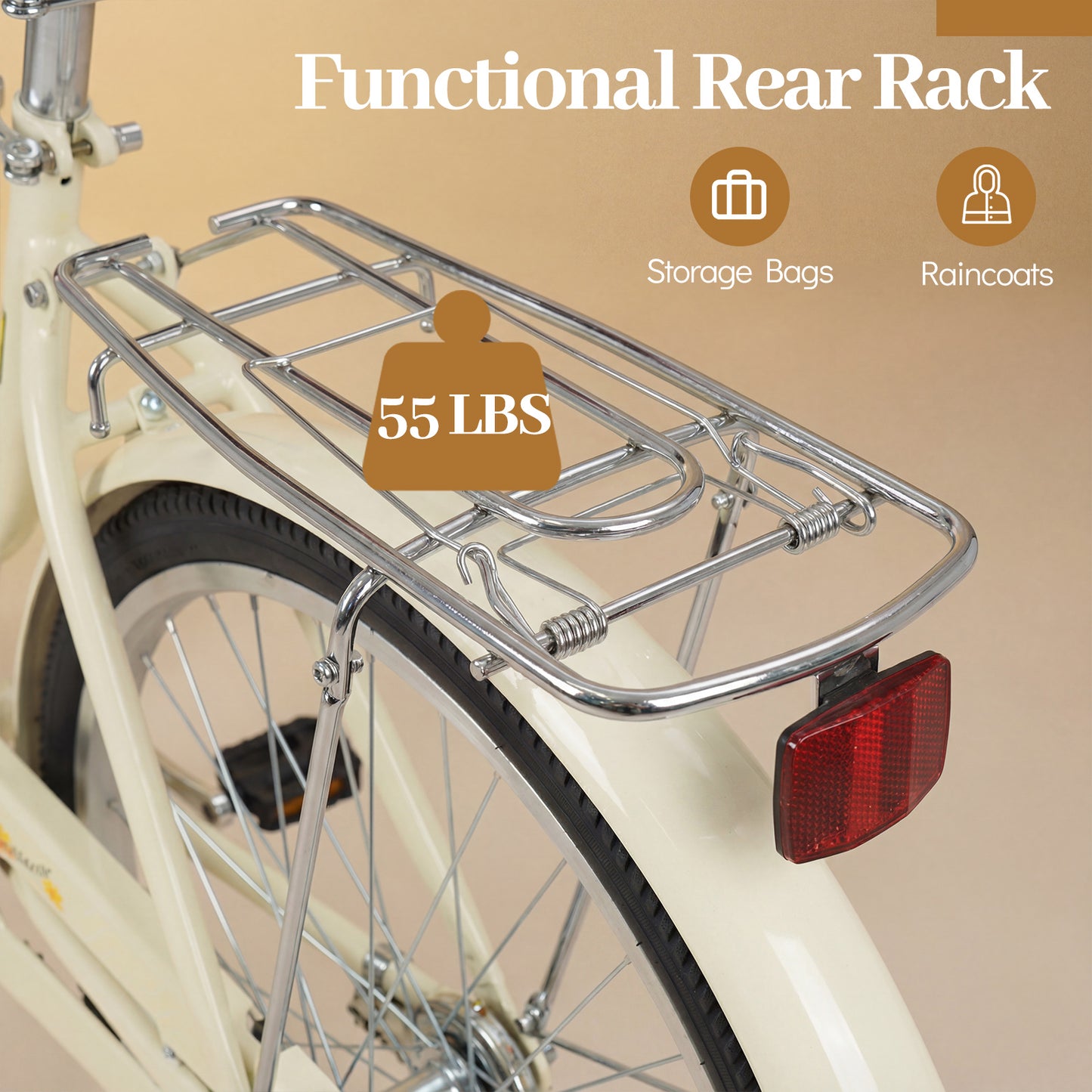 24/26 Inch Beach Cruiser Bike with Basket and Rear Rack