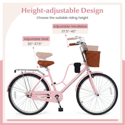 26-Inch Beach Cruiser Bike with Basket and Cup Holder - Pink