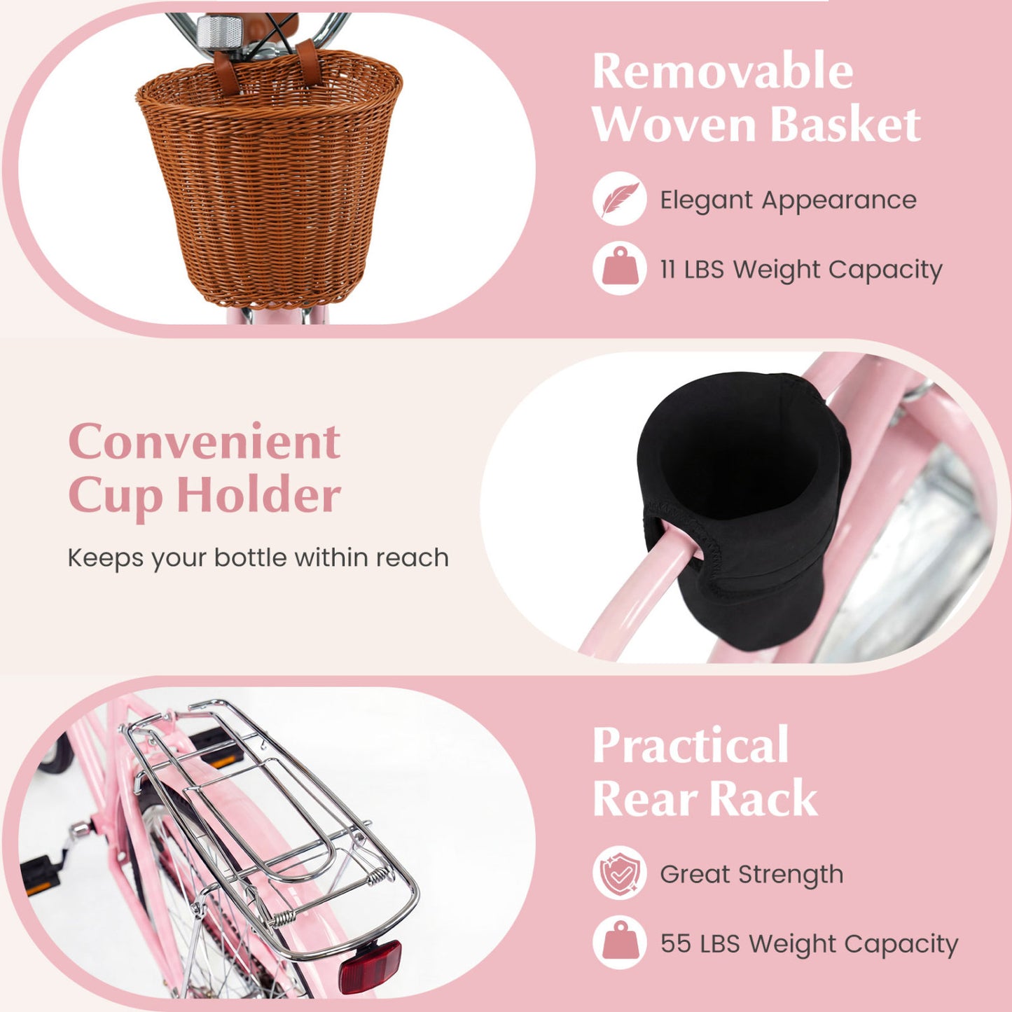 26-Inch Beach Cruiser Bike with Basket and Cup Holder - Pink