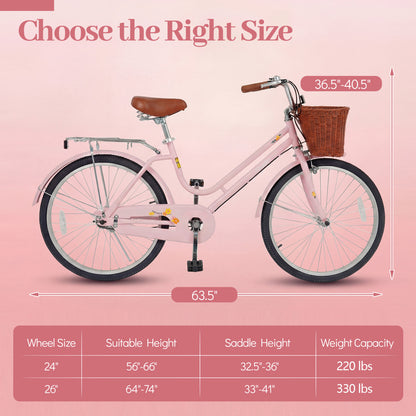 26" Beach Cruiser Bike for Women with Basket and Rear Rack
