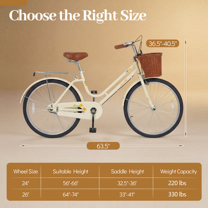 24/26 Inch Beach Cruiser Bike with Basket and Rear Rack