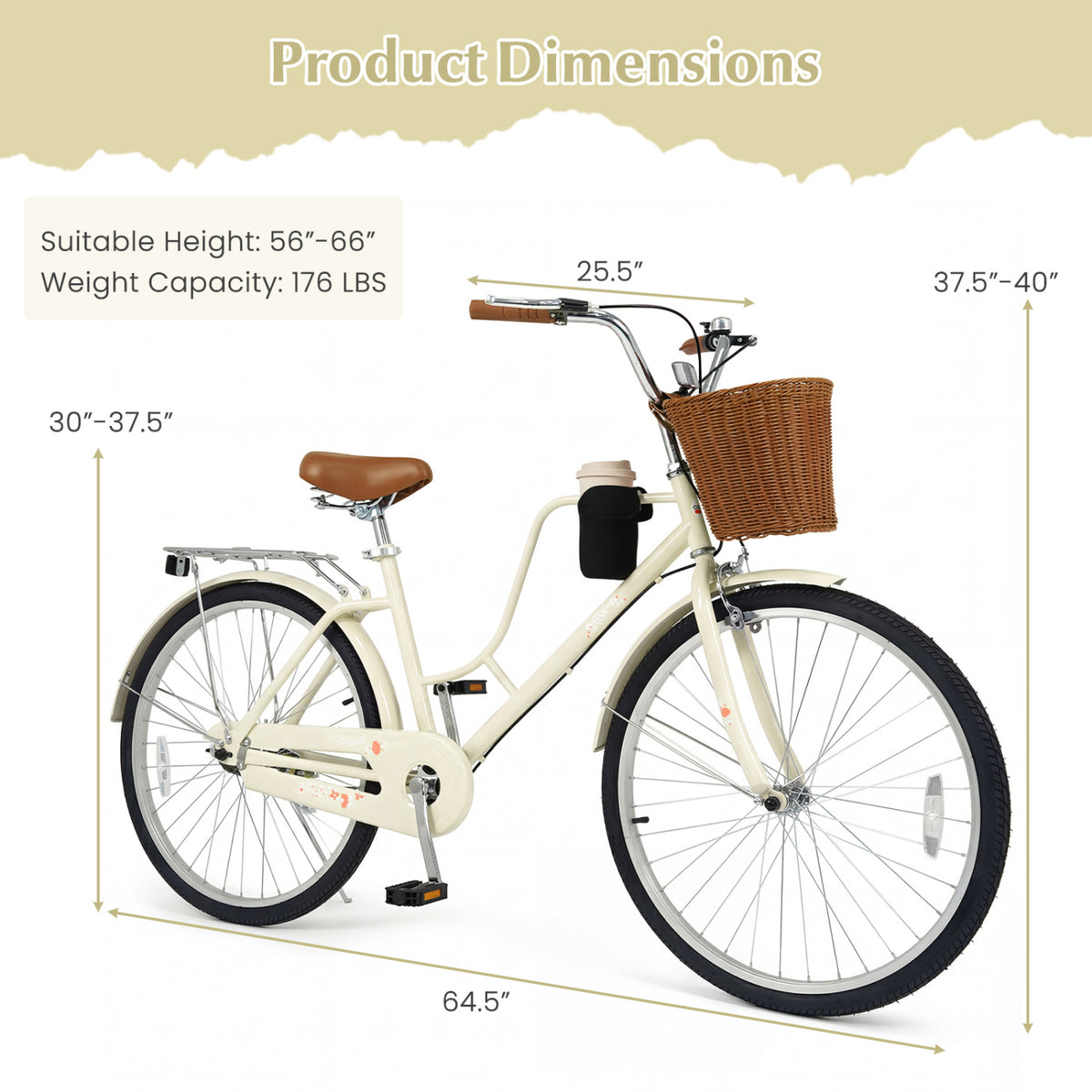 26-Inch Beach Cruiser Bike with Basket and Cup Holder