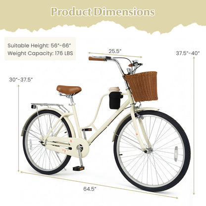 26-Inch Beach Cruiser Bike with Basket and Cup Holder