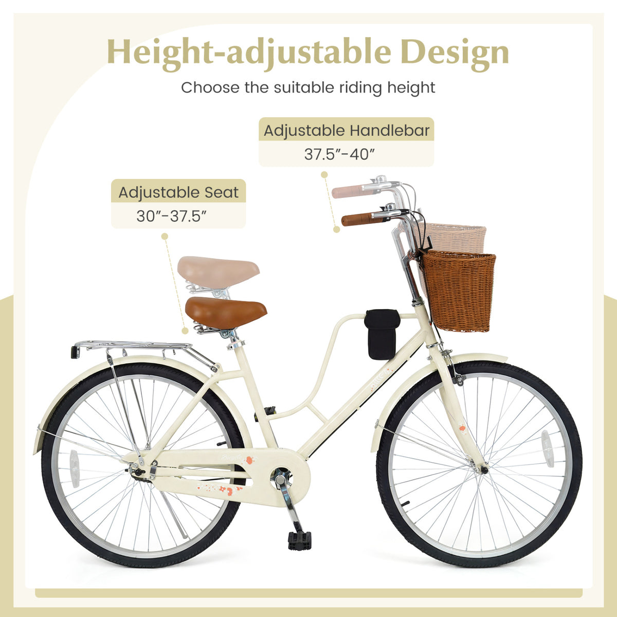 26-Inch Beach Cruiser Bike with Basket and Cup Holder