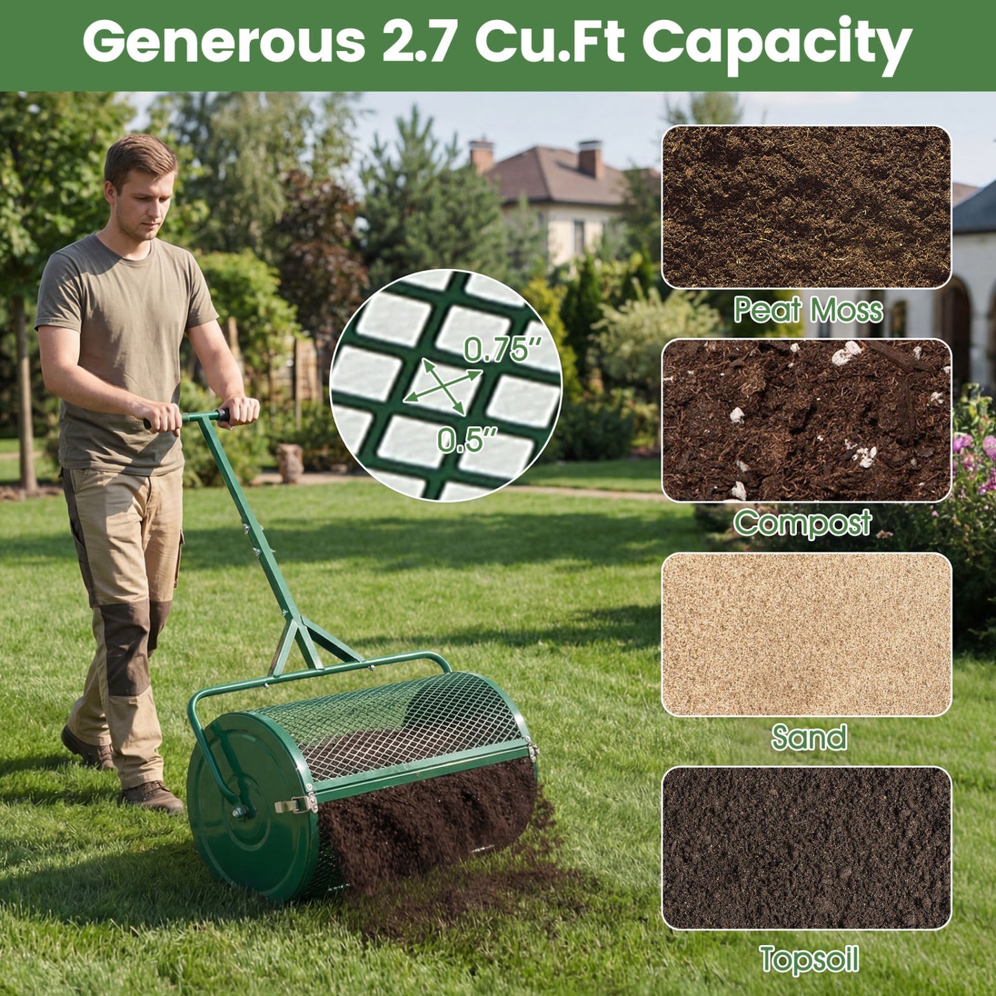 24 Inch Compost Spreader Peat Moss Spreader Roller with Height-Adjustable T-Shaped Handle