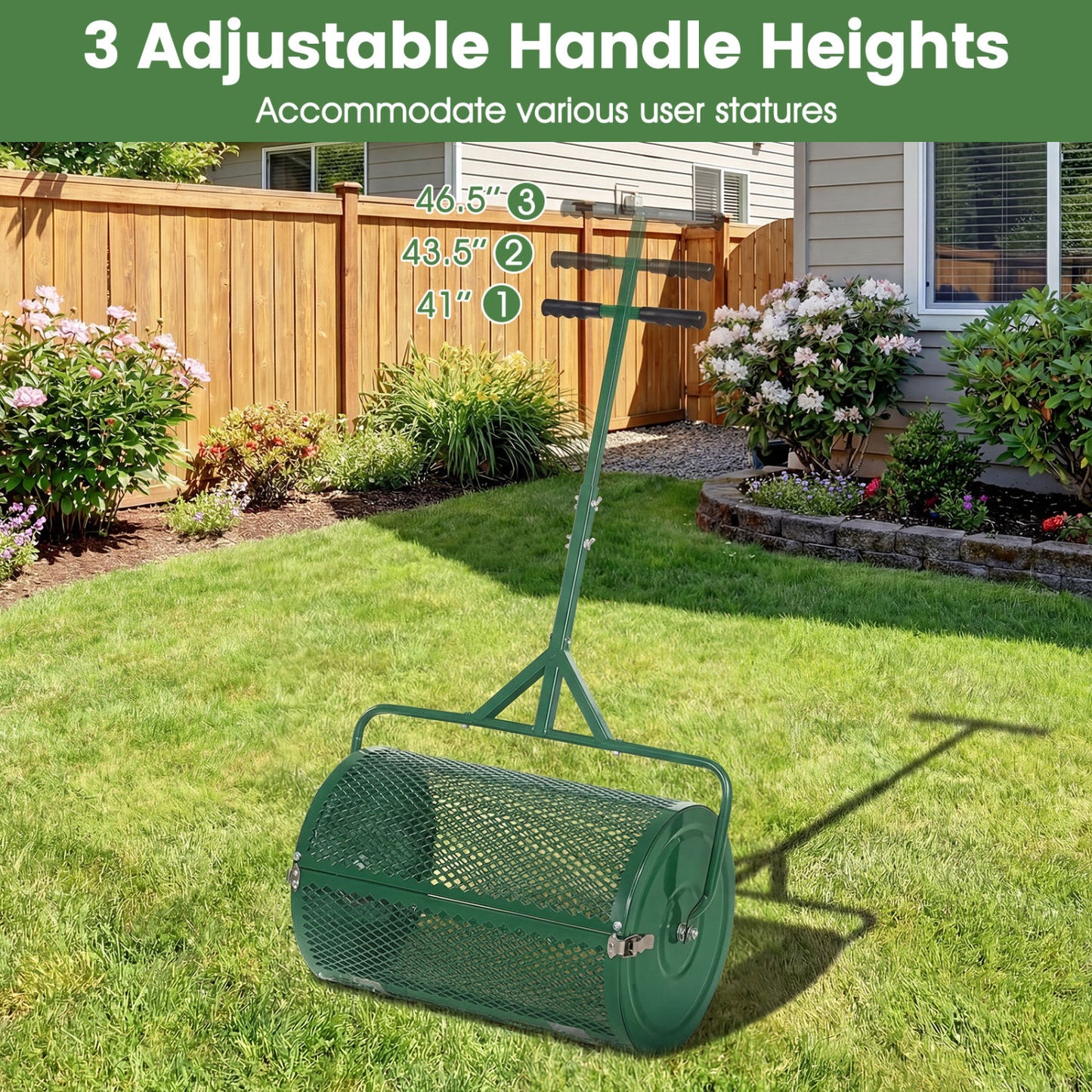24 Inch Compost Spreader Peat Moss Spreader Roller with Height-Adjustable T-Shaped Handle