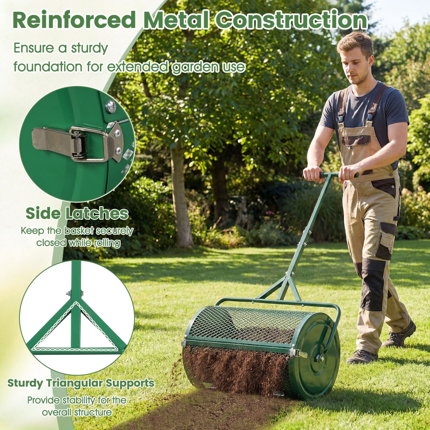 24 Inch Compost Spreader Peat Moss Spreader Roller with Height-Adjustable T-Shaped Handle