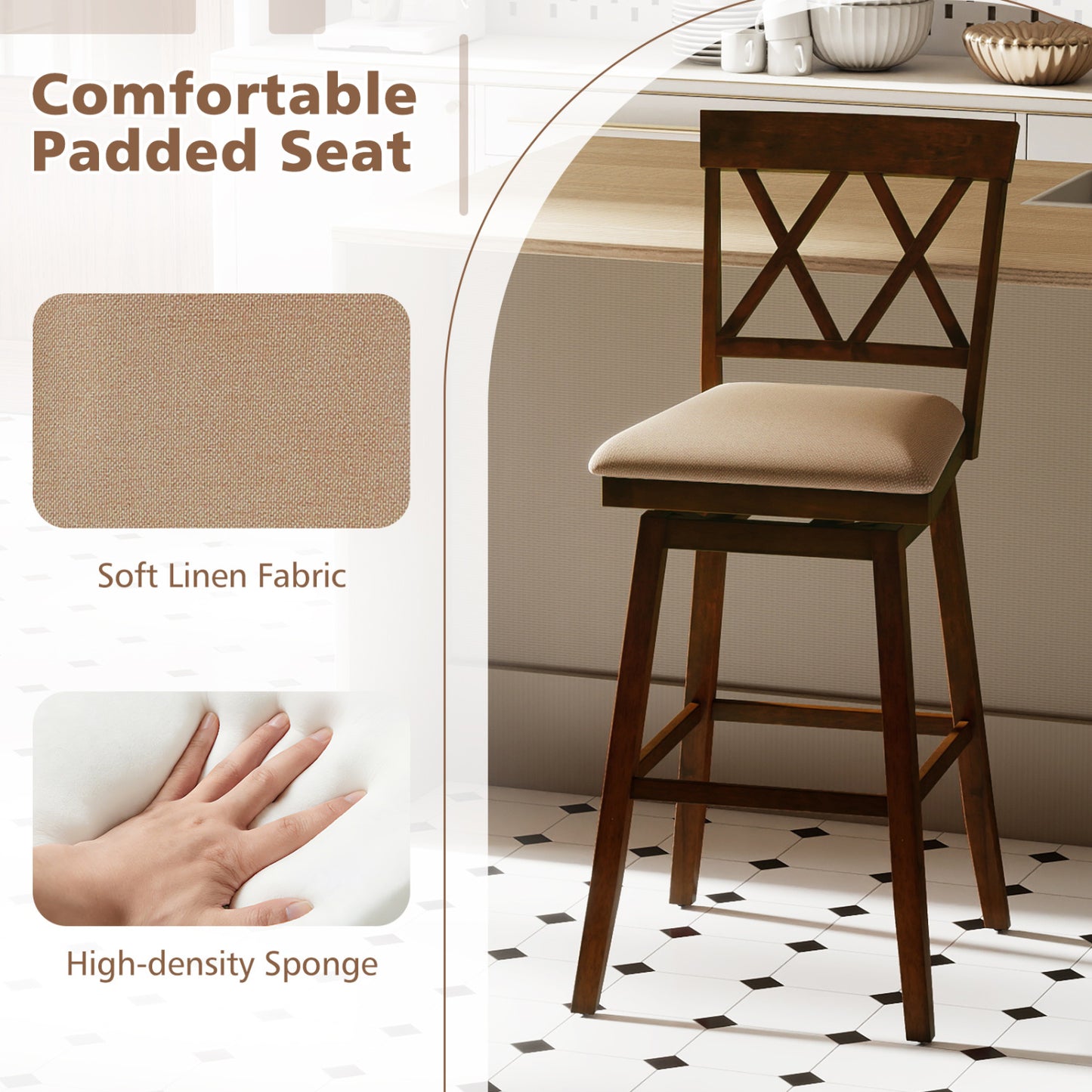 24 Inch Counter Height Barstools Set of 2 with Backrest and Seat Cushion-29 inches